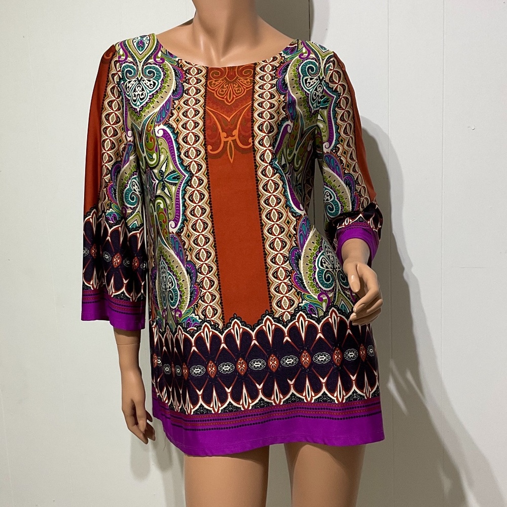 Sunny Leigh Tunic Top Blouse Women Large Colorful Print L stretch